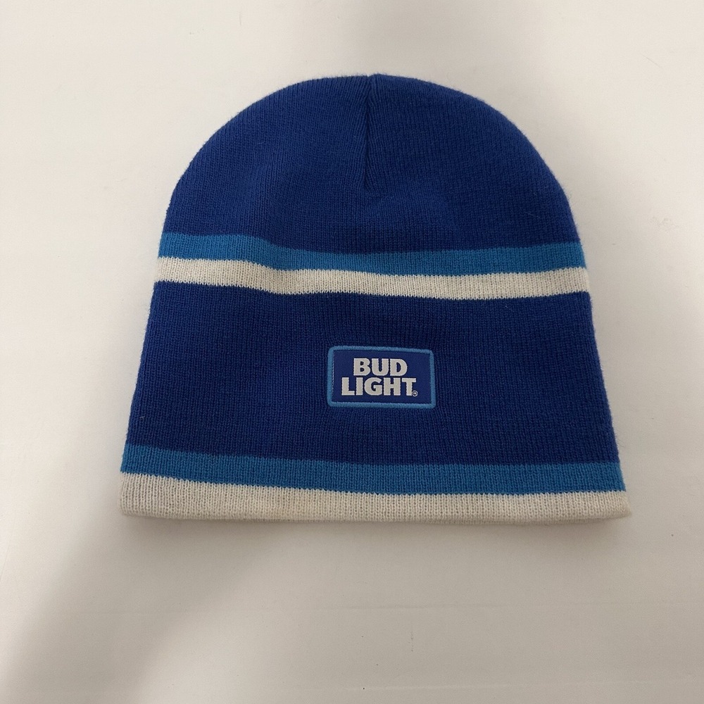 Anheuser-Busch Bud Light Beanie Winter Hat Cap Blue White Striped‎ Unisex OSFA